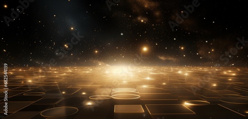 Undefined background golden-colored ground, stars, and dust, with a flared perspective grid. Futuristic space glitter against a dark background. © Nasreen