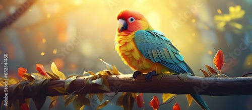 In the lush tropical nature, a beautiful, colorful Lovebird named Roseicollis, with its vibrant red and yellow feathers, captivated everyone with its closeup view, making for a delightful and funny photo