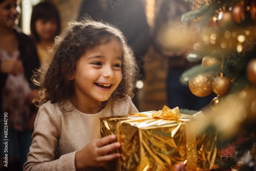 Close up Portrait of little child with christmas gifts on christmas eve. Santa presents and details of joy. holiday spirit