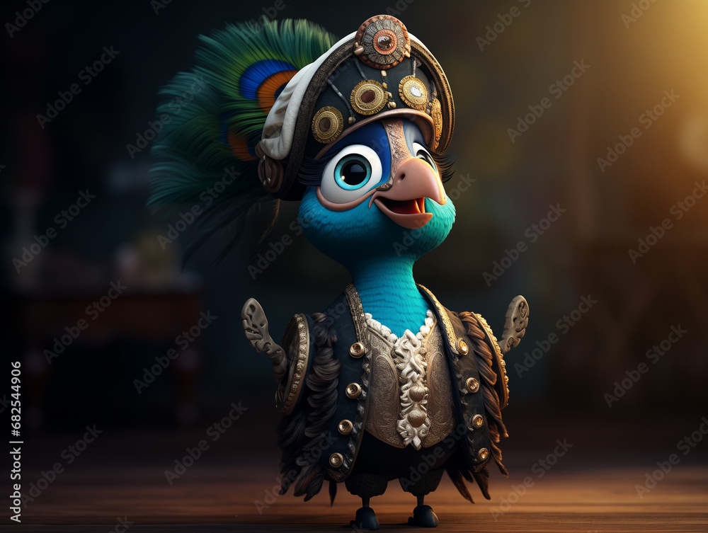 A Cute 3D Peacock Dressed Up as a Pirate