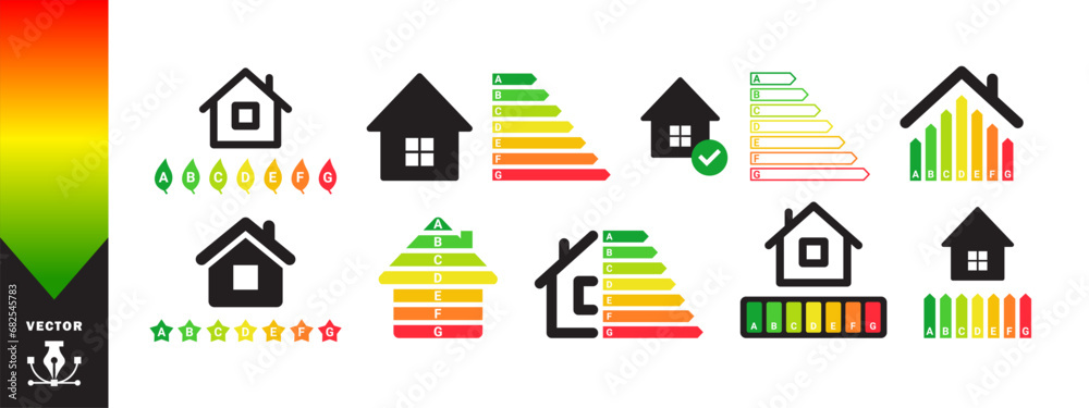 Energy efficiency icons set. Energy efficient house with classification graph. Vector scalable graphics