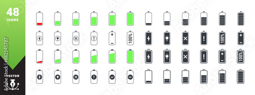 Battery charging icons set. Phone charging indicator. Battery charging status. Vector scalable graphics