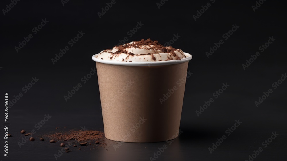 paper cup of creamless capuccino coffee with chocolate powder, dark grey background, copy space, 16:9 paper cup of creamless capuccino coffee with chocolate powder, dark grey background, copy space, 16:9
