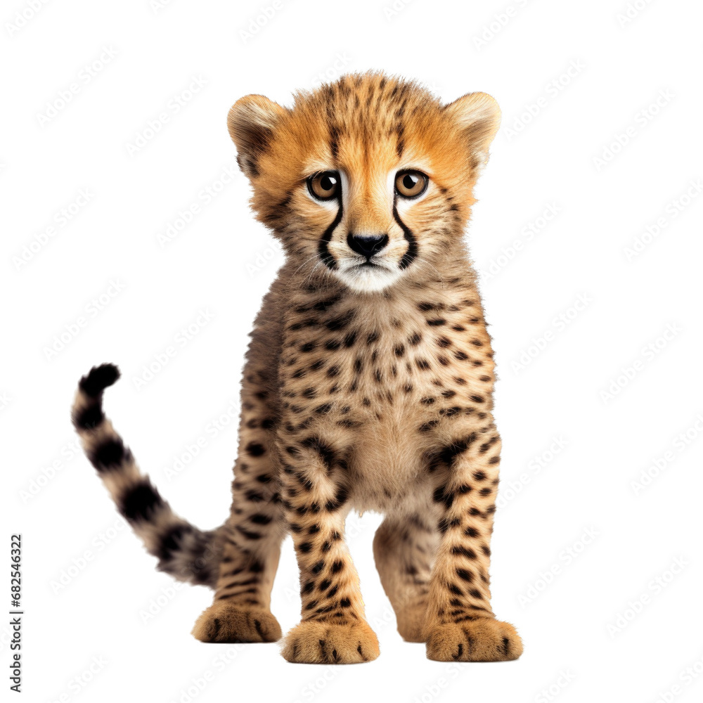 a baby/young cheetah cub sitting in an isolated and transparent PNG in a Wildlife-themed, photorealistic illustration. Generative ai a baby/young cheetah cub sitting in an isolated and transparent PNG in a Wildlife-themed, photorealistic illustration. Generative ai