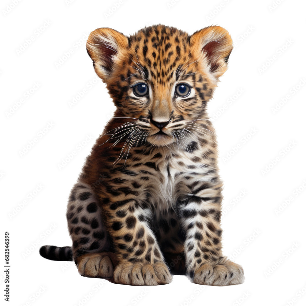 Obraz premium a baby, young Leopard cub front view in an isolated and transparent PNG in a Wildlife-themed, photorealistic illustration. Generative ai