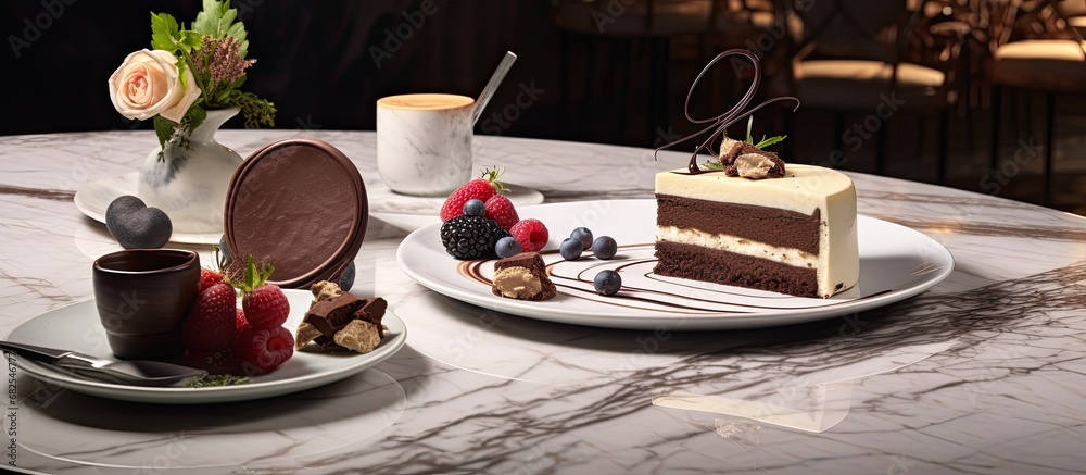 In a beautifully designed space, a white marble table showcased an indulgent spread of desserts, with a rich chocolate cake, creamy cheese plate, and healthy gourmet snacks, creating an enticing and