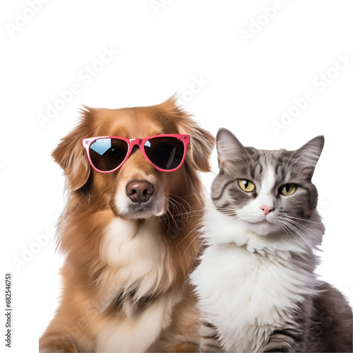 Cool summer ready: Beautiful cat and dog in sunglasses, Isolated on Transparent Background, PNG 