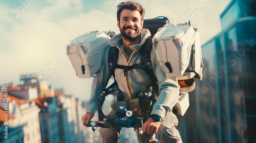 Happy jet pack man courier messenger is ready to fly. Fast box delivery post service in the city. Male guy employee wears jet suit works in the express flying shipping. Innovation invention start up