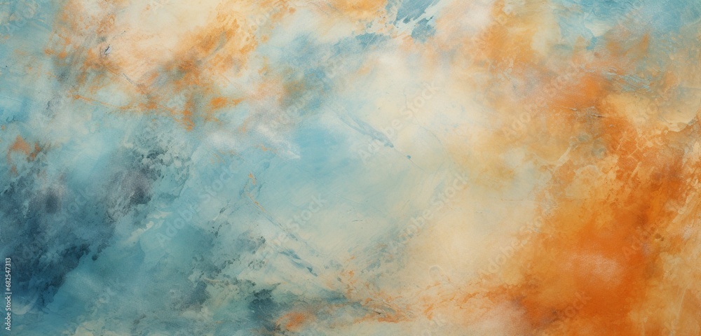 Plaster background surface rendered artistically with blue and orange abstract painting.