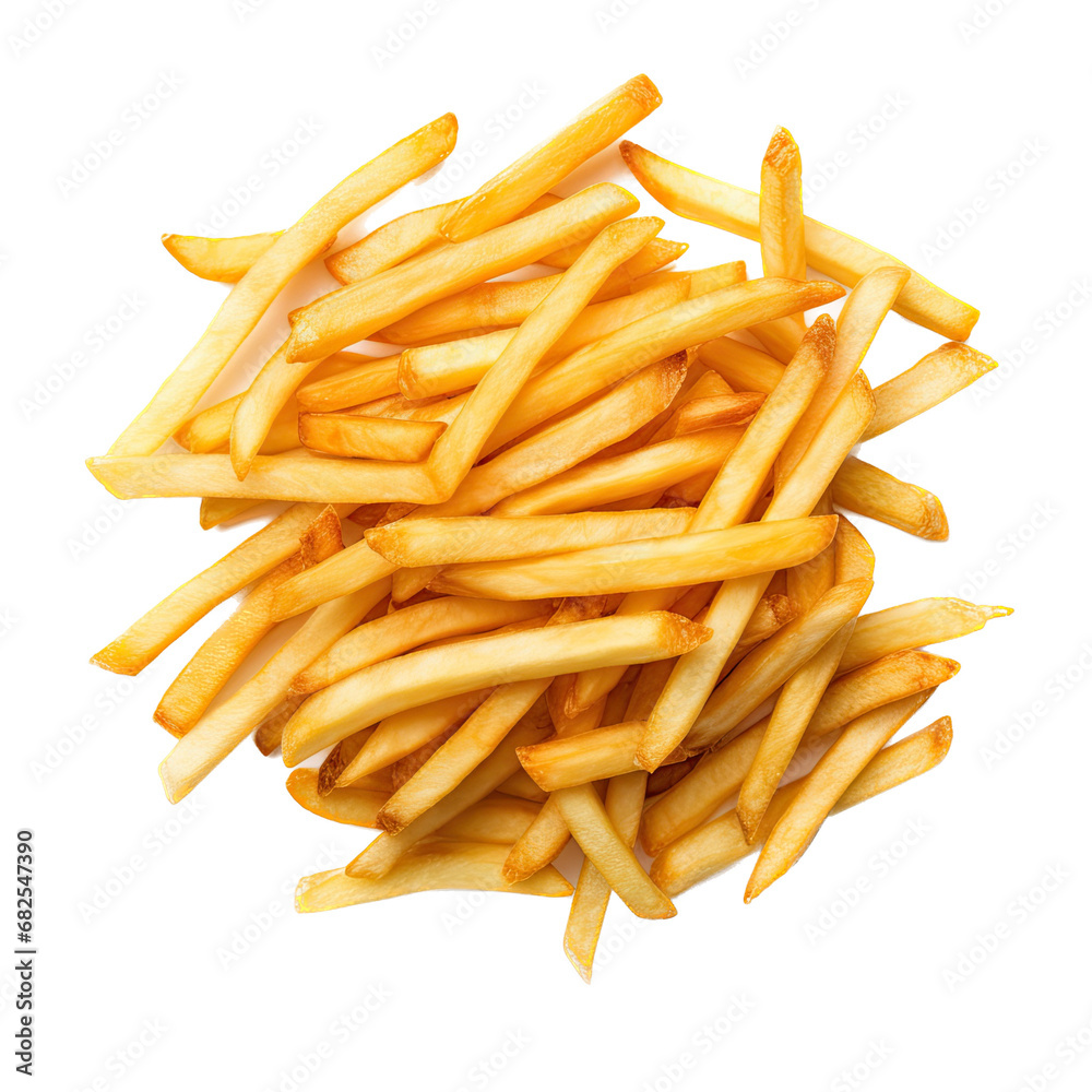 French fries in a pile in a top view, PNG, in a Food-themed, isolated, and transparent photorealistic illustration. French fries in a pile in a top view, PNG, in a Food-themed, isolated, and transparent photorealistic illustration.