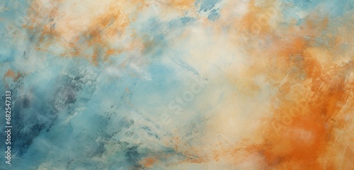 Plaster background surface rendered artistically with blue and orange abstract painting.