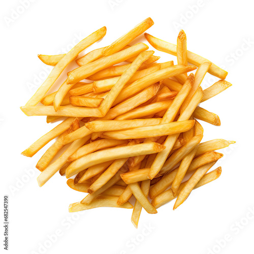 French fries in a pile in a top view, PNG, in a Food-themed, isolated, and transparent photorealistic illustration.