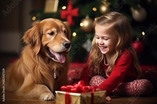 Portrait of kids and their dog pets with lots of presents and gifts on christmas eve. Santa presents and details of joy. holiday spirit