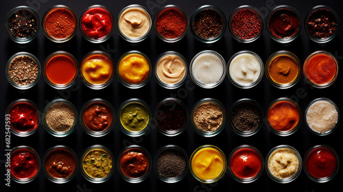 Various condiments in cups food background. Spice textured.