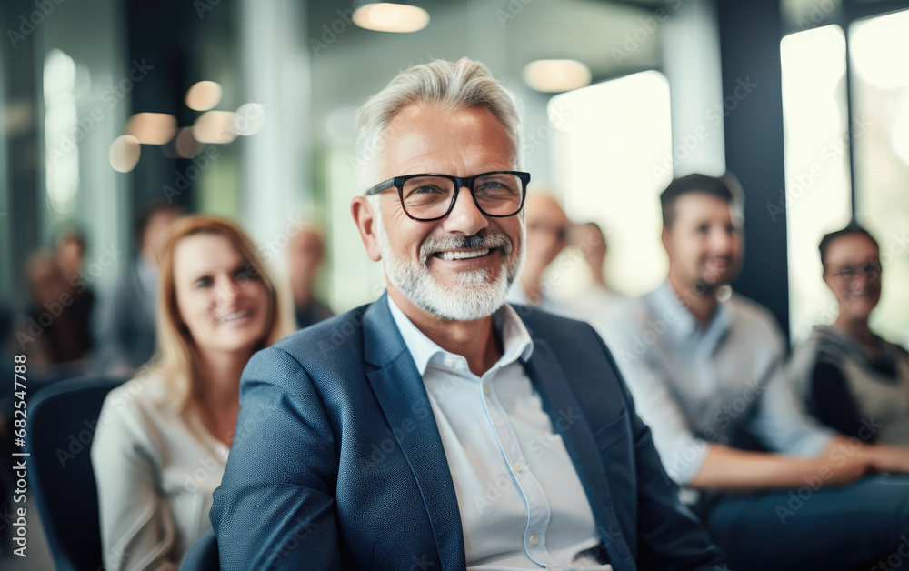 Executive group coaching session, coach is 60 year old man with greying hair and glasses sitting in a modern office Executive group coaching session, coach is 60 year old man with greying hair and glasses sitting in a modern office