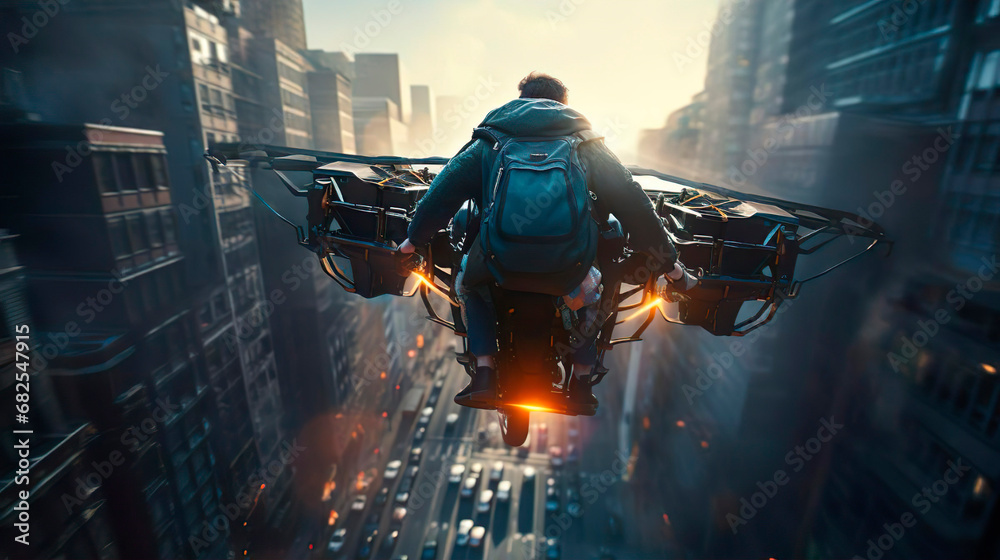 Future military and civilian sci fi technology and transportation with flying jet pack. A movement of a person in space and time. A man flies with drone engine. Innovation invention concept.