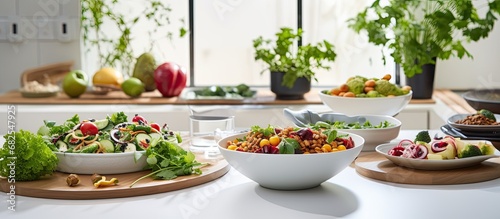 In a bright and pristine kitchen, a white table is set with colorful green salads and delicious dishes, showcasing the diverse cuisines of Countryn, Asian, and Chinese. The meals are not only enticing