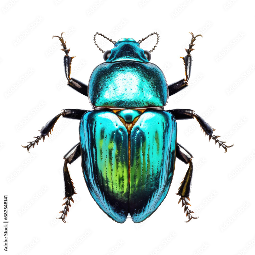 a beetle, Junebug, scarab, iridescent greens, ambers, and blues in a top view, PNG, in a Nature-themed, isolated, and transparent photorealistic illustration.