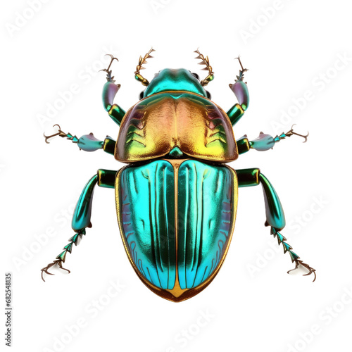 a beetle, Junebug, scarab, iridescent greens, ambers, and blues in a top view, PNG, in a Nature-themed, isolated, and transparent photorealistic illustration. photo