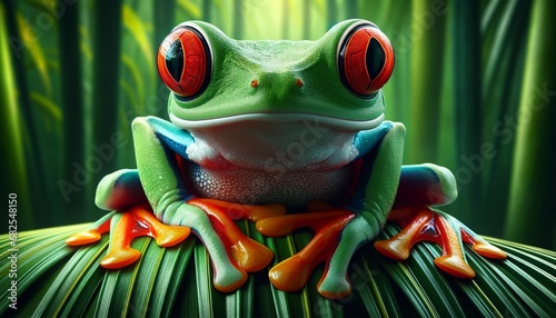 Red-Eyed Tree Frog in Natural Habitat. This image captures the stunning and colorful red-eyed tree frog (Agalychnis callidryas), perched on a leaf in its natural rainforest habitat.