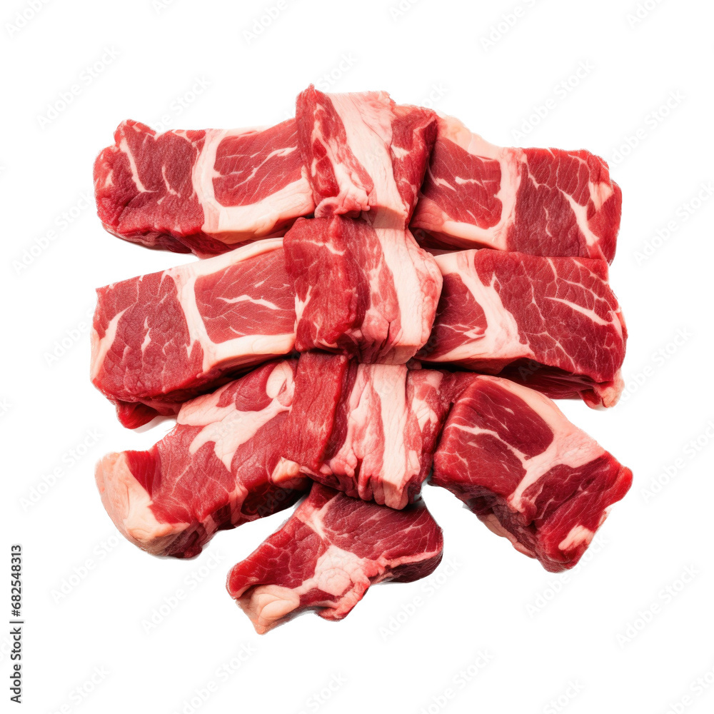 strips of fresh raw Beef, top front view in an isolated and transparent PNG in a Nutrition-themed, photorealistic illustration. Generative ai