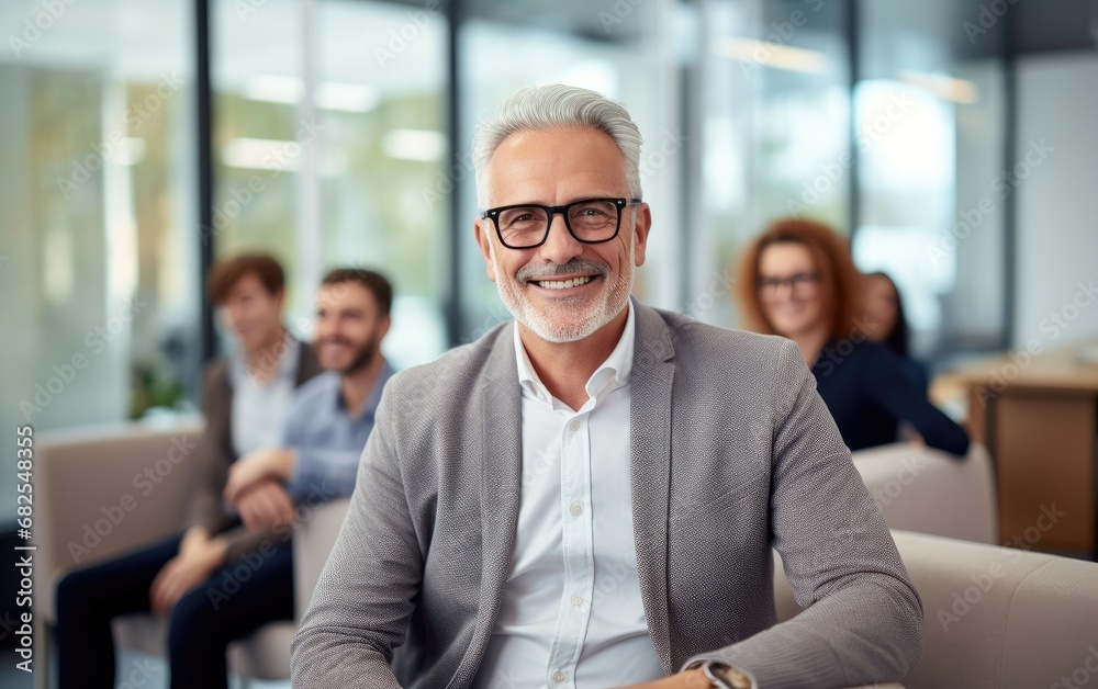 Executive group coaching session, coach is 60 year old man with greying hair and glasses sitting in a modern office Executive group coaching session, coach is 60 year old man with greying hair and glasses sitting in a modern office