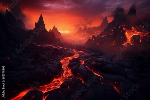 Rough lava stone formations contrasted against a fiery background.