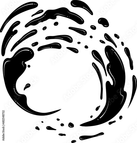 Splashes of water or paint. Spray of fountain. Vector illustration in hand drawn style. Silhouette of liquid with drops isolated on white. Aqua drop element. Abstract round shape