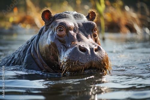 hippopotamus inhabits rivers, lakes and mangrove swamps, where territorial bulls preside over a stretch of river and groups of five to thirty cows and young. © Irina Mikhailichenko