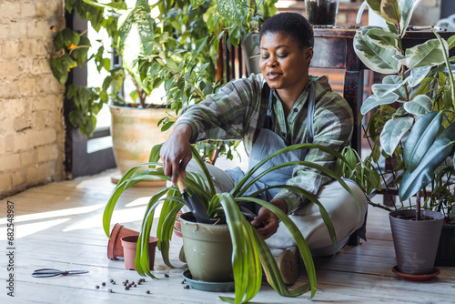 Concept of wellbeing, relaxation, work life balance, simple pleasures. Beautiful smiling plus size African American woman with short hair is doing home gardening, repotting, taking care about plants photo