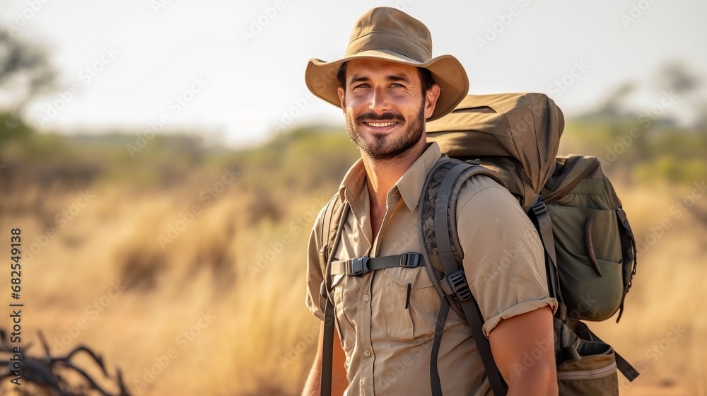 Cowboy in the field, outdoorsy cowboy man on a adventure, wearing safari gear and observing wildlife