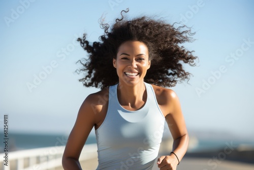 Portrait of sporty black woman runner running on city bridge road against blue background. Afro american  multi racial concept of sportive athletes..