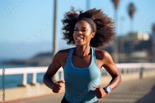 Portrait of sporty black woman runner running on city bridge road against blue background. Afro american, multi racial concept of sportive athletes.. photo