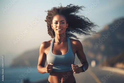 Portrait of sporty black woman runner running on city bridge road against blue background. Afro american, multi racial concept of sportive athletes..