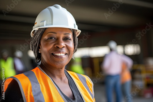 a Black woman foreman, smiling, confident, and strong on a building site in a Construction-themed, realistic illustration in horizontal JPG. Generative ai