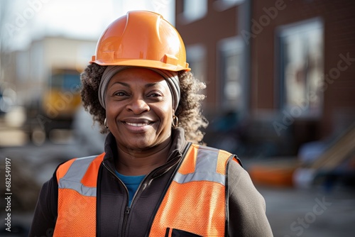 a Black woman foreman, smiling, confident, and strong on a building site in a Construction-themed, realistic illustration in horizontal JPG. Generative ai