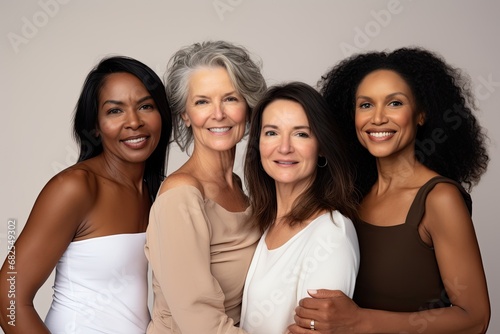 a diverse group of women friends, natural beauties in a skin-care ad with a simple-colored background, in a Cosmentic-themed, realistic illustration in JPG. Generative ai
