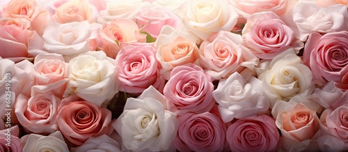 In the enchanting embrace of spring, amidst the lush beauty of nature, a stunning bouquet of pink and white roses blossomed, showcasing the colorful and natural tapestry of love and floral splendor.