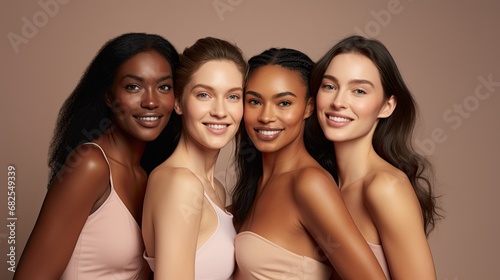 a diverse group of women friends, natural beauties in a skin-care ad with a simple-colored background, in a Cosmentic-themed, realistic illustration in JPG. Generative ai