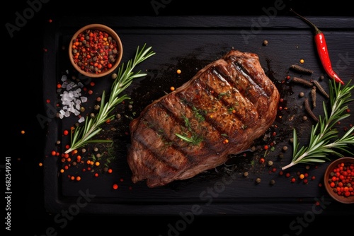  a cooked beef steak on a cutting board with rosemary herb and spices in a Protien-themed, horizontal format of photorealistic illustration in JPG. Generative ai