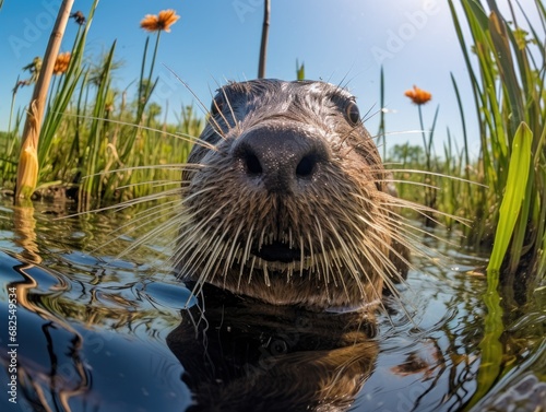 Close up portrait of a muskrat, nutria or beaver. Detailed image of the muzzle. A wild animal is looking at something. Illustration with distorted fisheye effect. Design for cover, card, decor, etc. photo