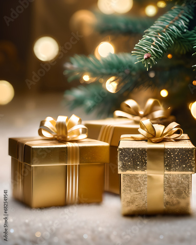 Tło świąteczne, prezenty, Boże Narodzenie, złoty efekt bokeh