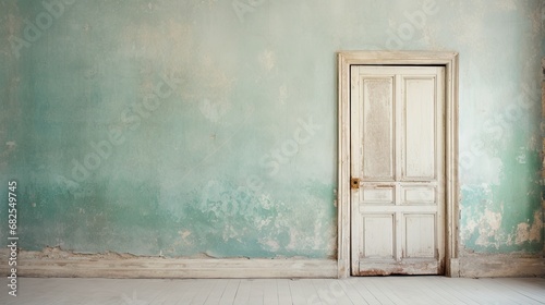 The dilapidated wall of the building and the wooden door require major repairs. Facade of a house with damaged plaster. Photophone for retro shooting. Illustration for cover, card, interior design.