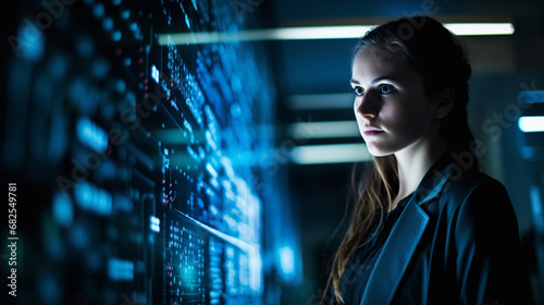 Eye level magazine style photo of young woman network engineer, abstract cloud data imagery photo