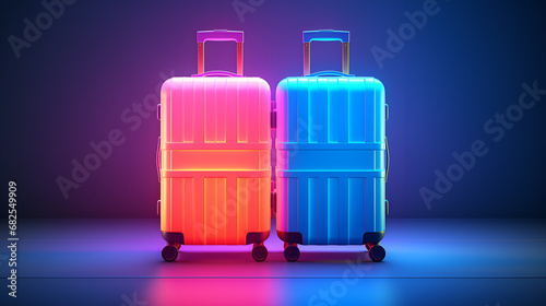 Two neon suitcases against bright background in vaporwave style. Minimalistic. 