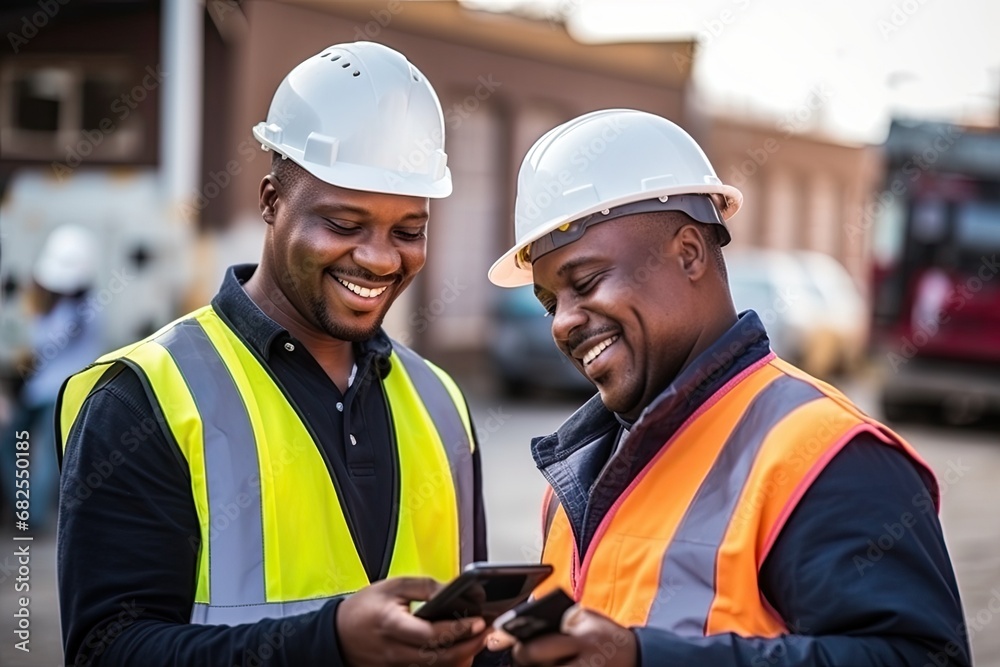 a horizontal format of two construction workers looking at their phones and smiling in a Building-themed, realistic illustration in JPG. generative ai a horizontal format of two construction workers looking at their phones and smiling in a Building-themed, realistic illustration in JPG. generative ai