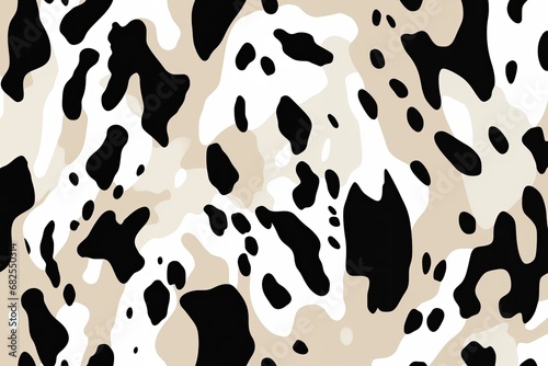 a graphic cowhide print with two-tone black and tan spots on a white background in a Western-themed, horizontal format of photorealistic illustration in JPG. Generative ai