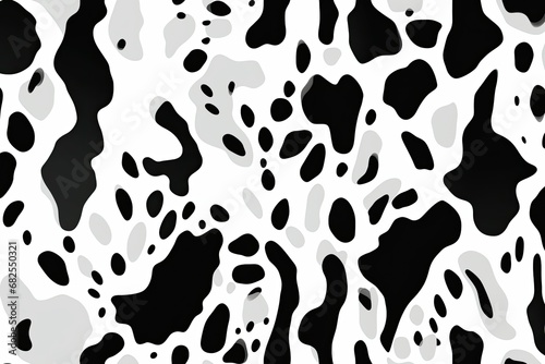 a graphic cowhide print with two-tone black and grey spots on a white background in a Western-themed, horizontal format of photorealistic illustration in JPG. Generative ai