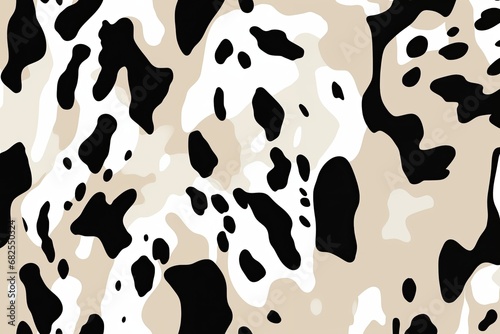 a graphic cowhide print with two-tone black and tan spots on a white background in a Western-themed, horizontal format of photorealistic illustration in JPG. Generative ai