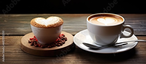 In a beautiful café with an artful design, an isolated white background showcases a table adorned with a heart-shaped plate of delicious breakfast food and a steaming cup of black espresso. The